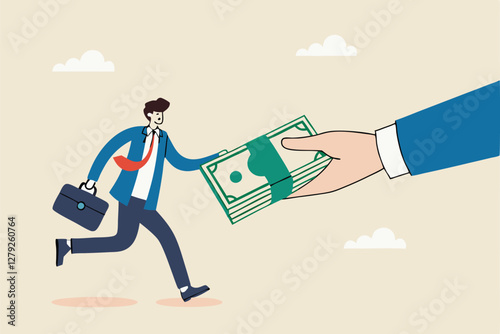 Getting paid, salary, wages payment or bonus, reward or employee benefits, tax refund or investment profit earning, loan or mortgage concept, business man hand giving money banknote to happy employee.