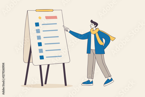 Procedure and workflow, planning process or sequence to finish project, standard or company policy, business outline to step by step, businessman leader present workflow and procedure in meeting.