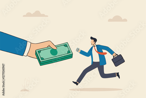 Getting paid, salary, wages payment or bonus, reward or employee benefits, tax refund or investment profit earning, loan or mortgage concept, business man hand giving money banknote to happy employee.