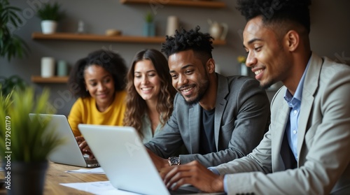 Diverse group of young adults collaborating on laptops in modern workspace