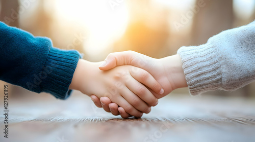 Children shaking hands outdoors, sunny forest background, symbolizing friendship, agreement, or cooperation; ideal for concepts related to childhood, partnership, or unity