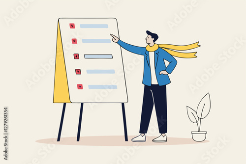 Procedure and workflow, planning process or sequence to finish project, standard or company policy, business outline to step by step, businessman leader present workflow and procedure in meeting.