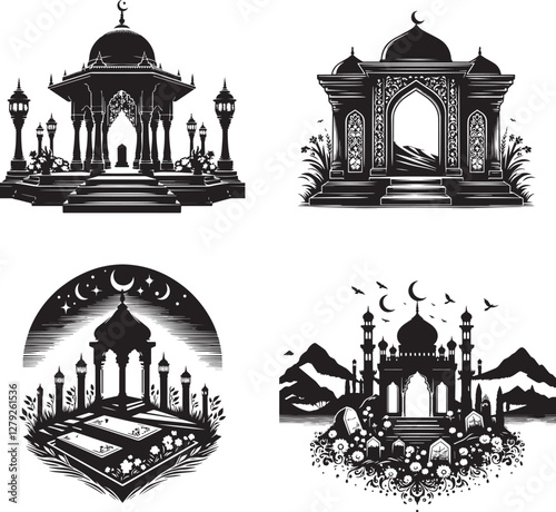 Hand draw Muslim grave black silhouette vector illustration