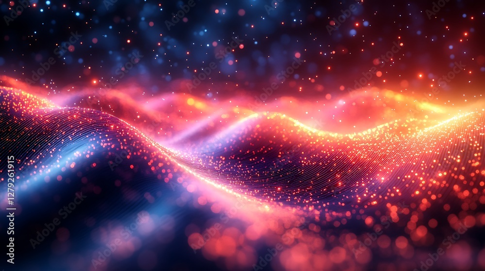 Fototapeta premium Abstract representation of fiber optic data lines glowing with light beams in a dark setting