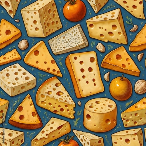 Seamless Cheese Pattern with Stylized Cheese Blocks & Textures