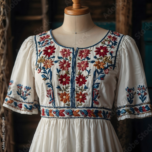 Elegant white embroidered dress on a mannequin in a rustic setting with floral details