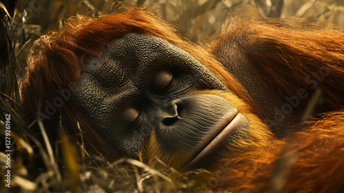 A serene orangutan sleeps peacefully in a bed of soft foliage, its face relaxed in slumber. Sunlight warms its fur and skin. photo