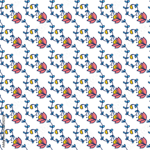 Seamless Botanical Flower Pattern with Blue and Red Elements on White