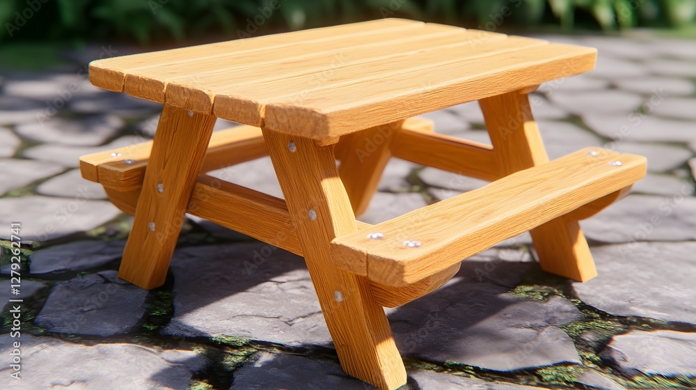 Detailed Wooden Miniature Picnic Table Stands on Stone Paved Ground In Daylight Detailed Wooden Miniature Picnic Table Stands on Stone Paved Ground In Daylight