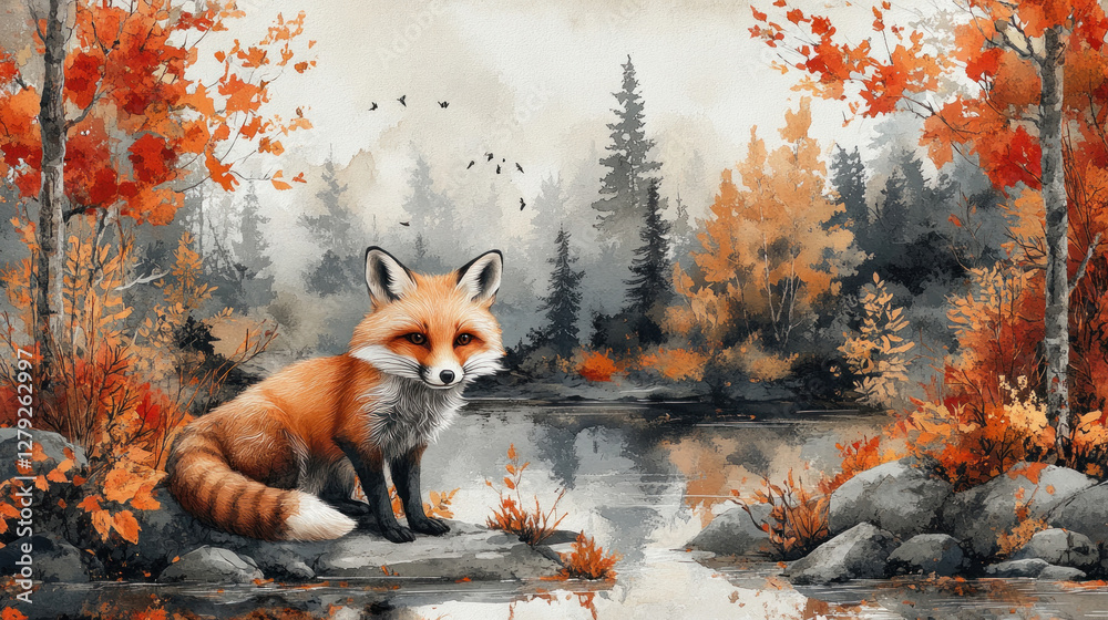 Fototapeta premium Cute animal wallpaper with watercolor foxes and raccoons frolicking in a woodland setting