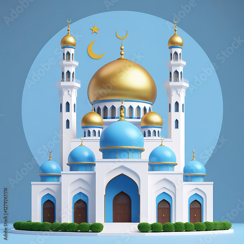 Illustration of a mosque with a symmetrical layout.The mosque features a central golden dome flanked by two tall minarets, each topped with a smaller dome.