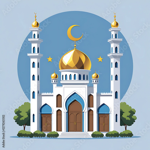 Illustration of a mosque with a symmetrical layout.The mosque features a central golden dome flanked by two tall minarets, each topped with a smaller dome.