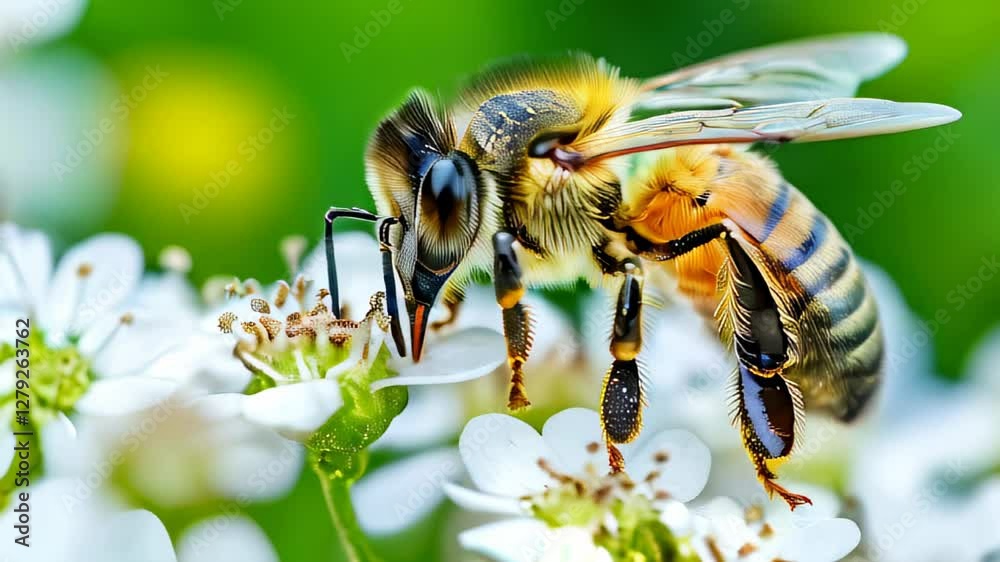 Close-up of a bee collecting nectar from a flower in a vibrant garden on a sunny day Close-up of a bee collecting nectar from a flower in a vibrant garden on a sunny day