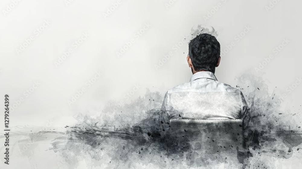 Obraz premium Abstract conceptual artwork of businessman fading into textured monochrome background. Surreal visualization representing burnout stress and emotional exhaustion in professional life.