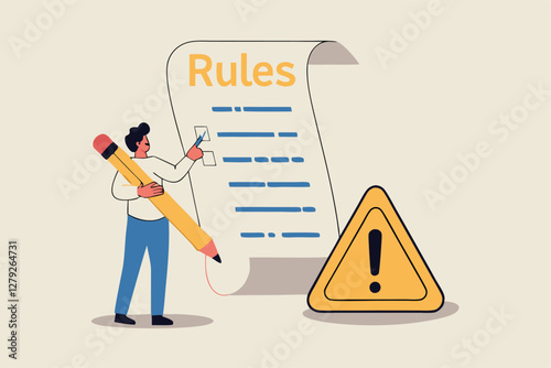 Rules and regulations, policy and guideline for employee to follow, legal term, corporate compliance or laws, standard procedure concept, businessman finish writing rules and regulations document.