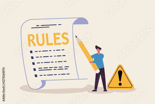 Rules and regulations, policy and guideline for employee to follow, legal term, corporate compliance or laws, standard procedure concept, businessman finish writing rules and regulations document.