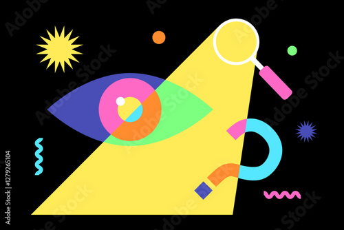 Abstract illustration with magnifying glass, eye and question mark symbol. Concept of looking for something, searching, figuring out, exploring, finding. Flat vector colorful style.