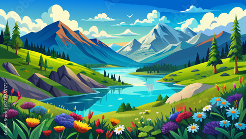 A picturesque mountain lake with clear blue water surrounded by lush green hills and vibrant wildflowers under a bright blue sky with fluffy white 