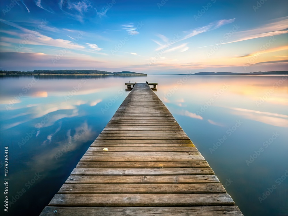 Fototapeta premium Minimalist Old Pier Lake Scene, Vintage Lakeside Pier, Simple Lake Pier