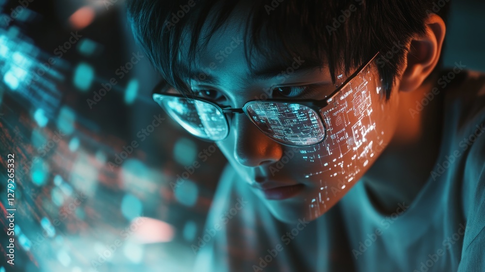 Young asian teen focused on digital code with futuristic glasses in tech environment Young asian teen focused on digital code with futuristic glasses in tech environment