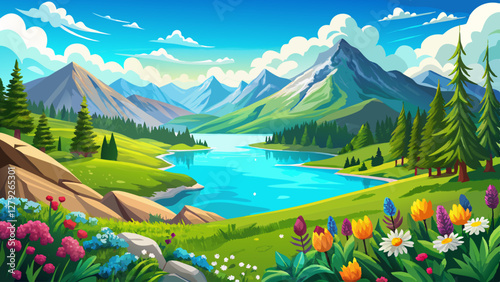 A picturesque mountain lake with clear blue water surrounded by lush green hills and vibrant wildflowers under a bright blue sky with fluffy white 