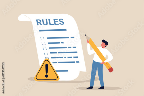 Rules and regulations, policy and guideline for employee to follow, legal term, corporate compliance or laws, standard procedure concept, businessman finish writing rules and regulations document.