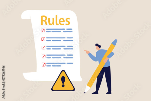 Rules and regulations, policy and guideline for employee to follow, legal term, corporate compliance or laws, standard procedure concept, businessman finish writing rules and regulations document.
