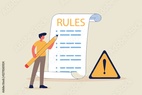 Rules and regulations, policy and guideline for employee to follow, legal term, corporate compliance or laws, standard procedure concept, businessman finish writing rules and regulations document.