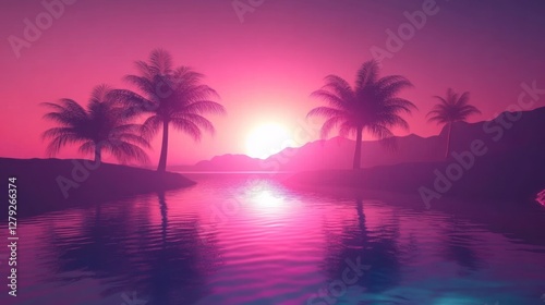 Pink Sunset Over Tropical Islands With Palm Trees