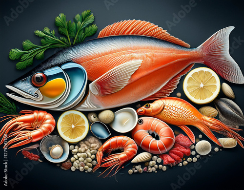 A graphical illustration of seafood�s nutritional facts, emphasizing the health benefits of a seafood-rich diet. photo