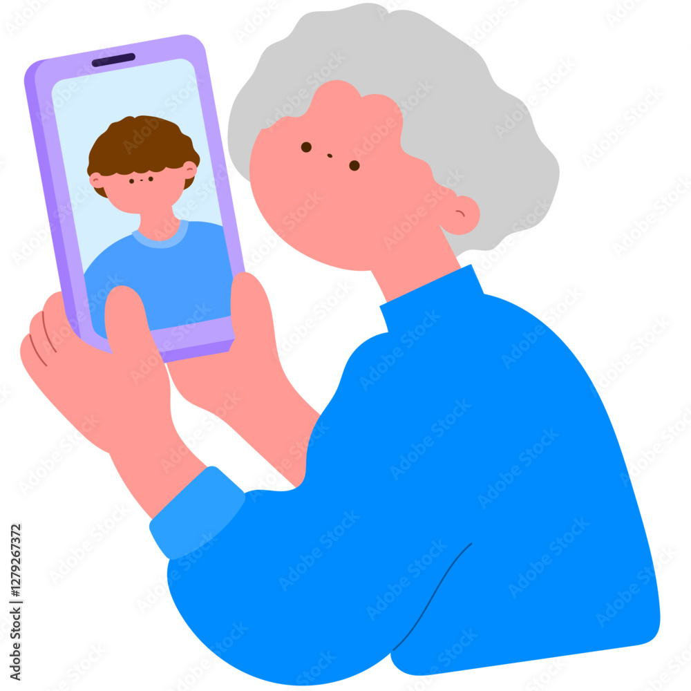 Obraz premium senior woman making a video call on smartphone, digital communication flat vector illustration