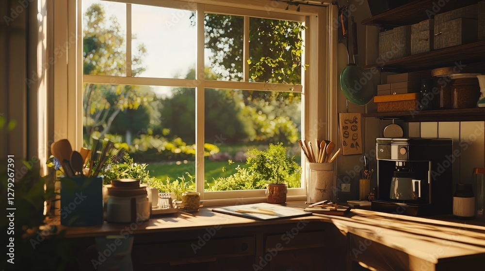 Fototapeta premium Sunny kitchen window view of garden, laptop on counter, ideal for work from home or a peaceful scene