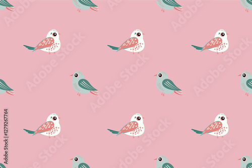 Multiple pink blue small birds are scattered across pink isolated background, creating whimsical cheerful seamless vector pattern perfect for craft projects children's designs Wrapping paper