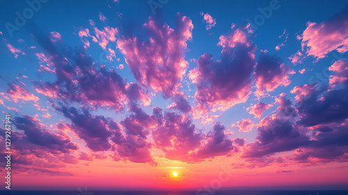 High-altitude cirrus clouds streaking across a twilight sky in vivid pinks and purples photo