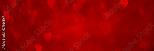 Red hearts, sparkling glitter bokeh background banner, valentines day abstract defocused texture header.