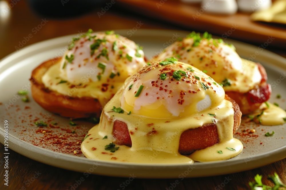 Eggs Benedict: Poached Eggs, Canadian Bacon, Hollandaise on English Muffins Eggs Benedict: Poached Eggs, Canadian Bacon, Hollandaise on English Muffins