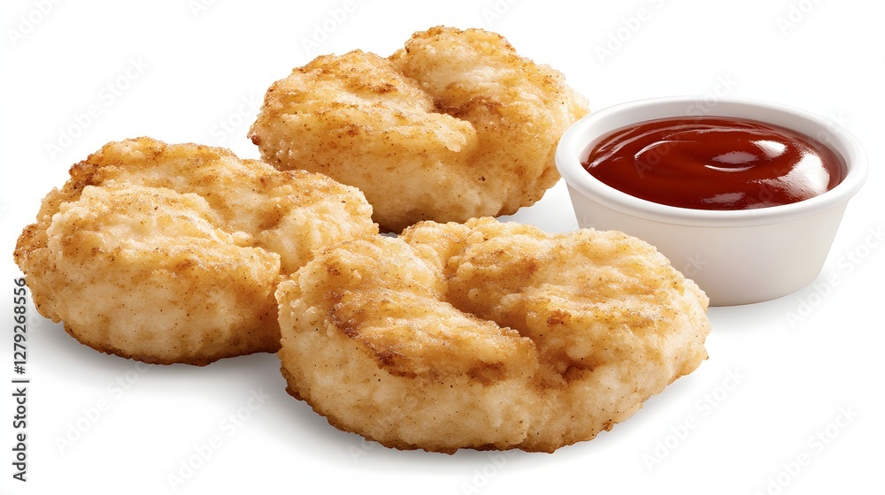 Three Crispy Chicken Nuggets with Ketchup Dip on White Background Delicious Snack Three Crispy Chicken Nuggets with Ketchup Dip on White Background Delicious Snack