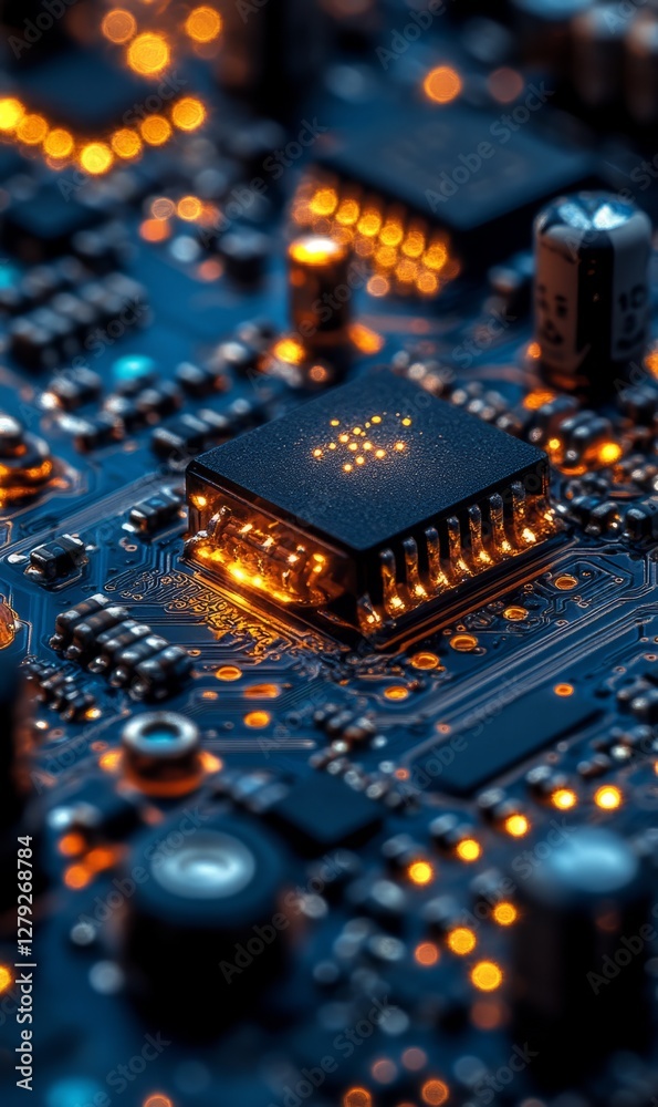 Microscopic view of a miniature circuit board with glowing components Microscopic view of a miniature circuit board with glowing components