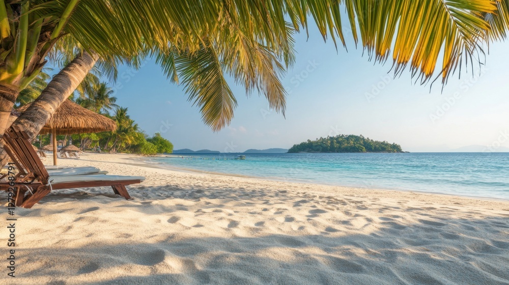 Fototapeta premium Tropical beach with palm trees and clear blue water on a sunny day