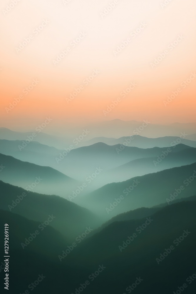 Obraz premium Soft pastel colors blend across layered hills, creating serene,