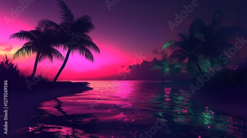 Pink Sunset Tropical Island Palm Trees Seascape