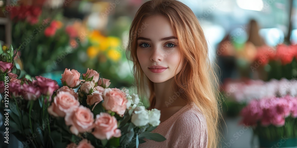 Woman holding bouquet of pink roses in a vibrant flower market during daylight Woman holding bouquet of pink roses in a vibrant flower market during daylight