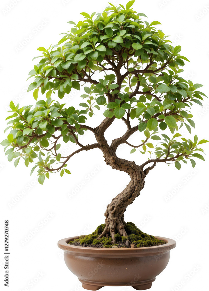 Obraz premium Lush Green Bonsai Tree in Brown Pot Japanese Miniature Tree Tranquil Zen Garden Plant