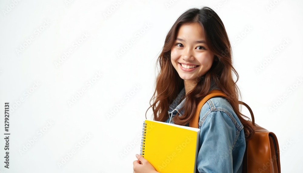 Smiling young asian college student holds yellow notebook. Girl with backpack, wears casual denim jacket on white background. Cheerful student looks at the camera. Education and youth concept. Smiling young asian college student holds yellow notebook. Girl with backpack, wears casual denim jacket on white background. Cheerful student looks at the camera. Education and youth concept.