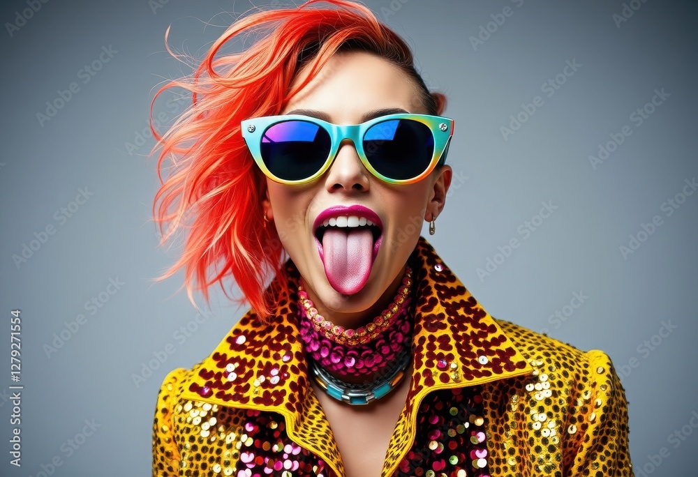 A confident individual showcases their unique style with bright colors and vivid accessories. Loud patterns and a playful pose highlight self-expression in an urban setting A confident individual showcases their unique style with bright colors and vivid accessories. Loud patterns and a playful pose highlight self-expression in an urban setting