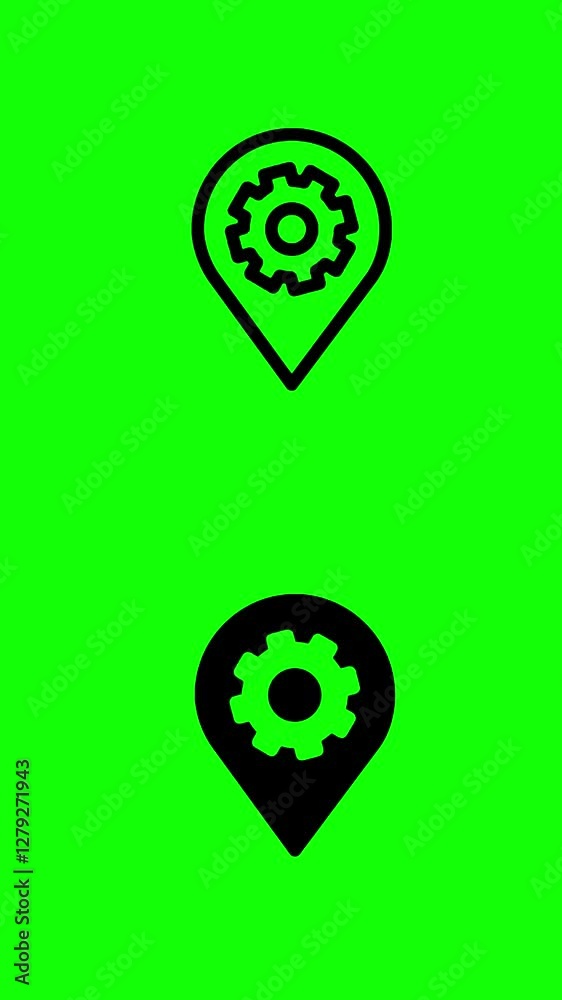 Animación de icono de ubicación con engranaje cambiando de color sobre fondo verde
