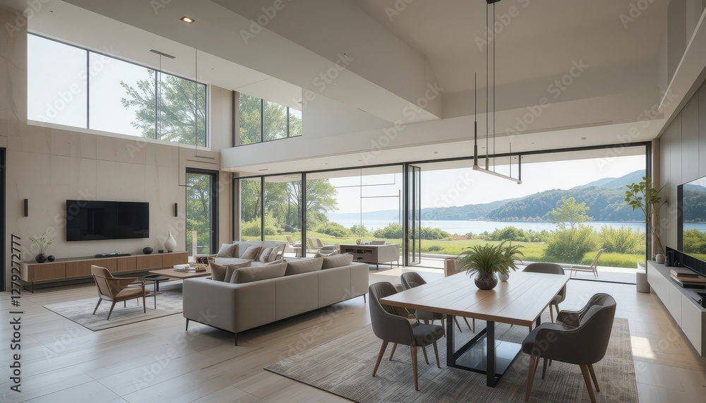 Fototapeta premium Modern Bright Living Room with Scenic View of Nature and Mountains