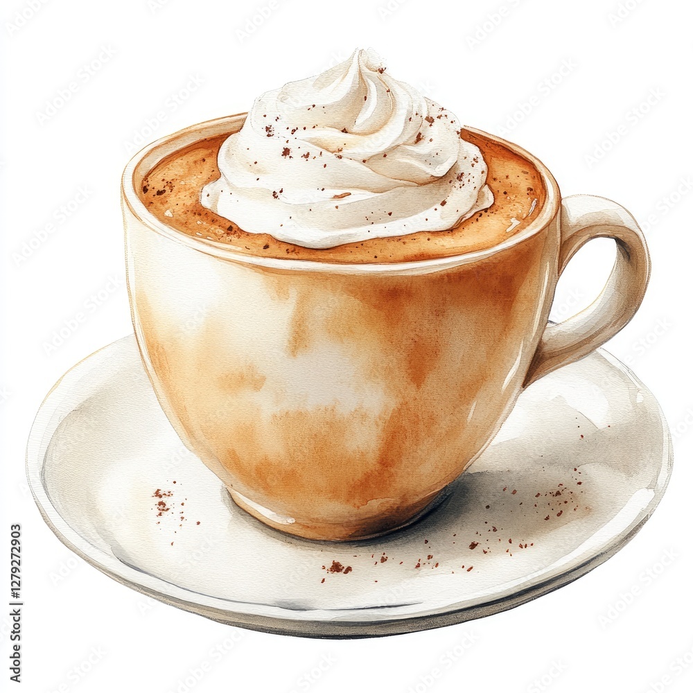 Cup of coffee with whipped cream on top, hand drawn watercolored iced coffee with swirled whipped cream on top, Watercolor Painting. Cup of coffee with whipped cream on top, hand drawn watercolored iced coffee with swirled whipped cream on top, Watercolor Painting.