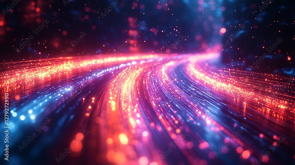Vibrant glowing light beams passing through fiber optic cables against dark background demonstrating technological evolution Vibrant glowing light beams passing through fiber optic cables against dark background demonstrating technological evolution