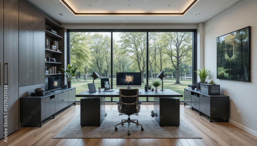Fototapeta premium Modern Minimalist Office Interior with Large Windows and Green View